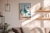 Paul Sinus Wandbild in 40x60cm A Walk in Santorini – Frau im blauen Kleid vor weißen Häusern und blauen Kuppeln, mediterrane Idylle