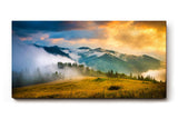 Sinus Art Wandbild 120x80cm Faszinierende Gebirgsszene im Nebel mit dramatischem Sonnenlicht für eindrucksvolle Raumwirkung