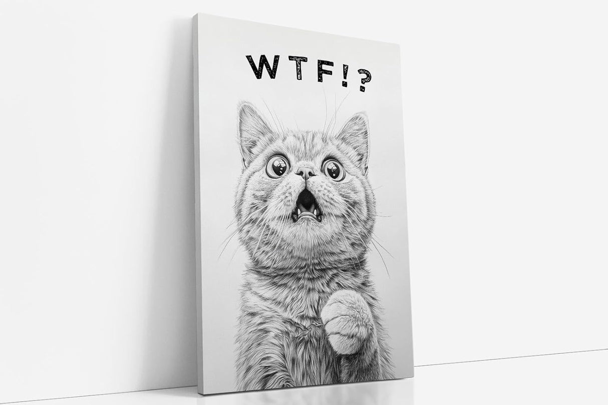 Paul Sinus Poster/Leinwandbild/Rahmenoption – Überraschtes Kätzchen „WTF!?“ – Lustige WC-Deko für dein Badezimmer