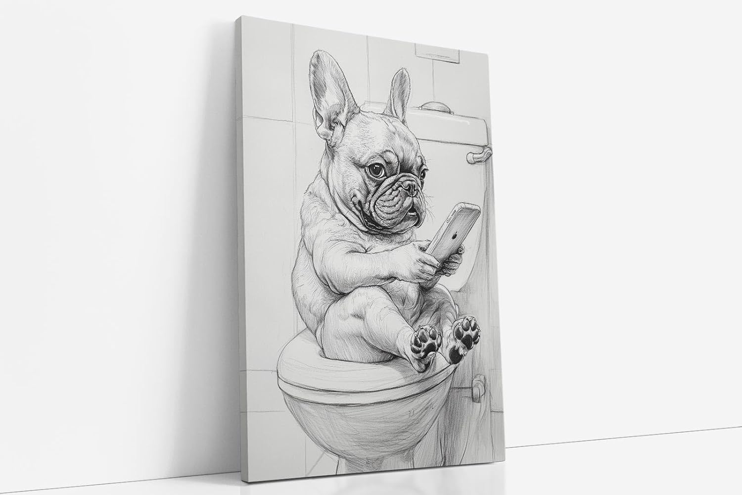 Paul Sinus Poster/Leinwandbild/Rahmenoption Lustiges Hundebild – Witzige Klo-Deko fürs Gäste-WC – Perfekt für Smartphone-Junkies