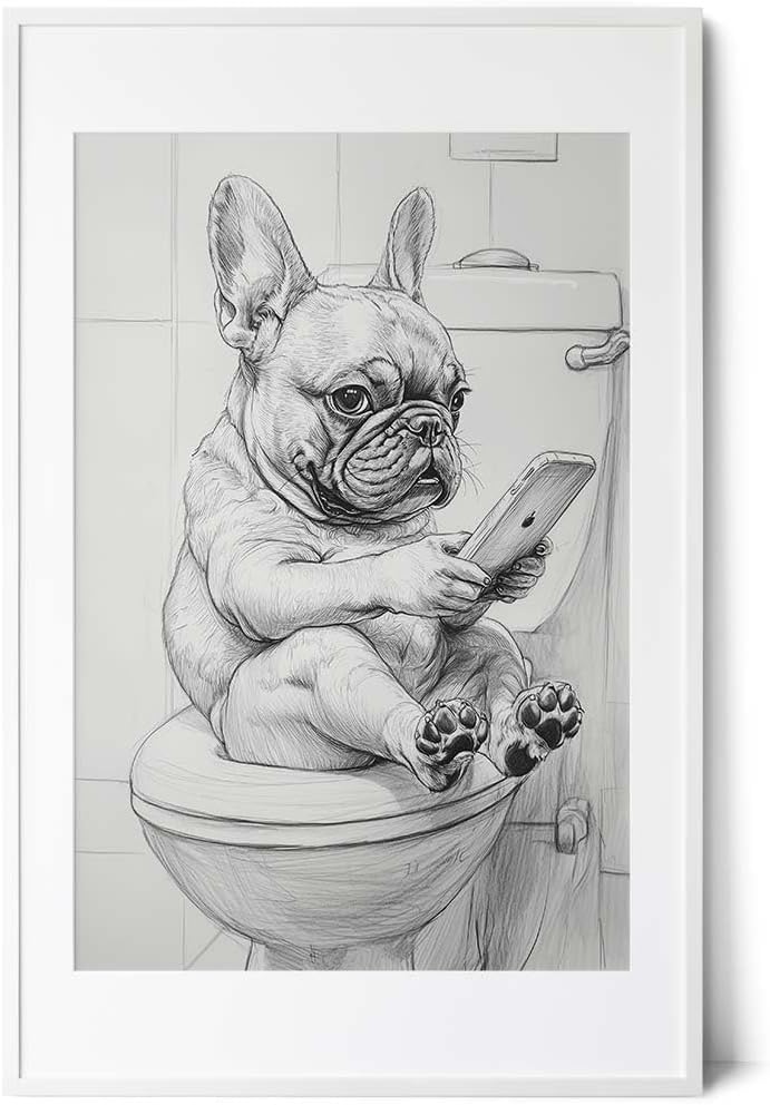 Paul Sinus Poster/Leinwandbild/Rahmenoption Lustiges Hundebild – Witzige Klo-Deko fürs Gäste-WC – Perfekt für Smartphone-Junkies
