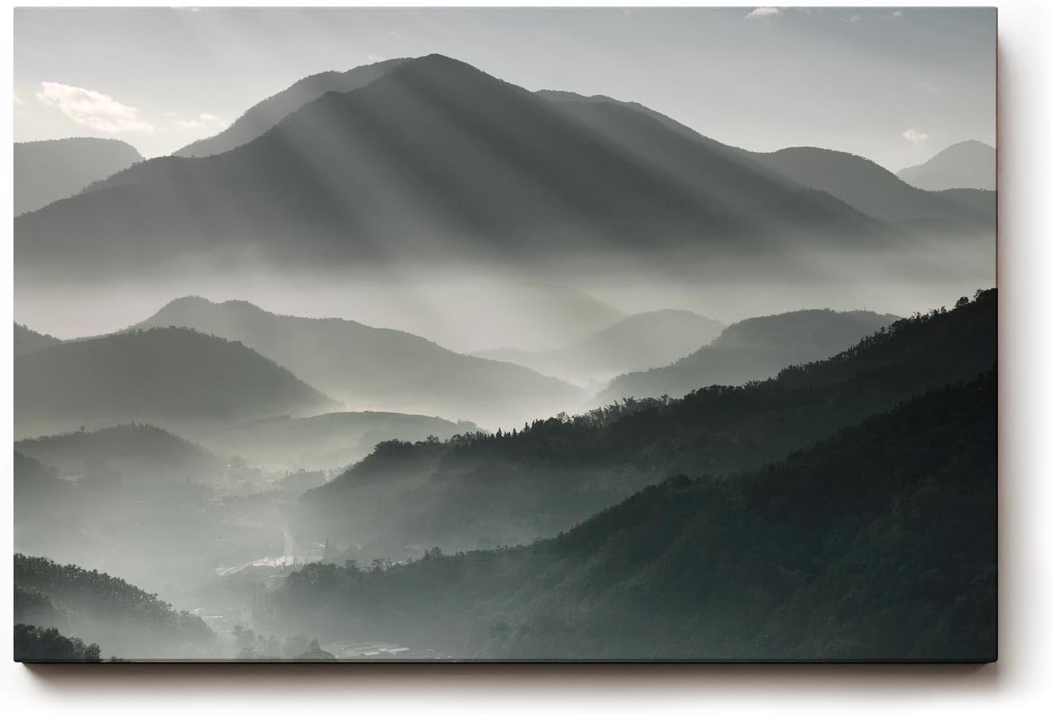 Sinus Art Wandbild 120x80cm Faszinierende Lichtstrahlen durchdringen den Morgennebel über mystischen Berglandschaften