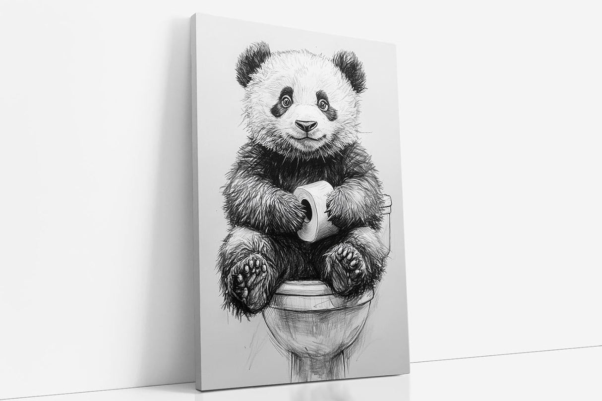 Paul Sinus Poster/Leinwandbild/Rahmenoption – Süßer Panda auf Toilette – Lustige WC-Deko für dein Badezimmer