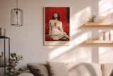 Paul Sinus Wandbild in 40x60cm Frau in weißem Kleid auf rotem Sofa – ausdrucksstarkes Porträt mit starker Farbwirkung