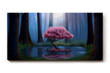 Sinus Art Wandbild 120x80cm Blühender Kirschbaum am Wasser im Mondlicht zwischen dunklen Bäumen für magische Wirkung