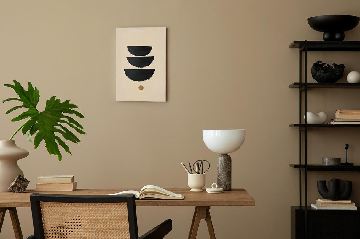 Paul Sinus 60x90cm Wandbild, Edle Harmonie in Fokusbalance – schwarze Schalen und goldener Kreis im Gleichgewicht