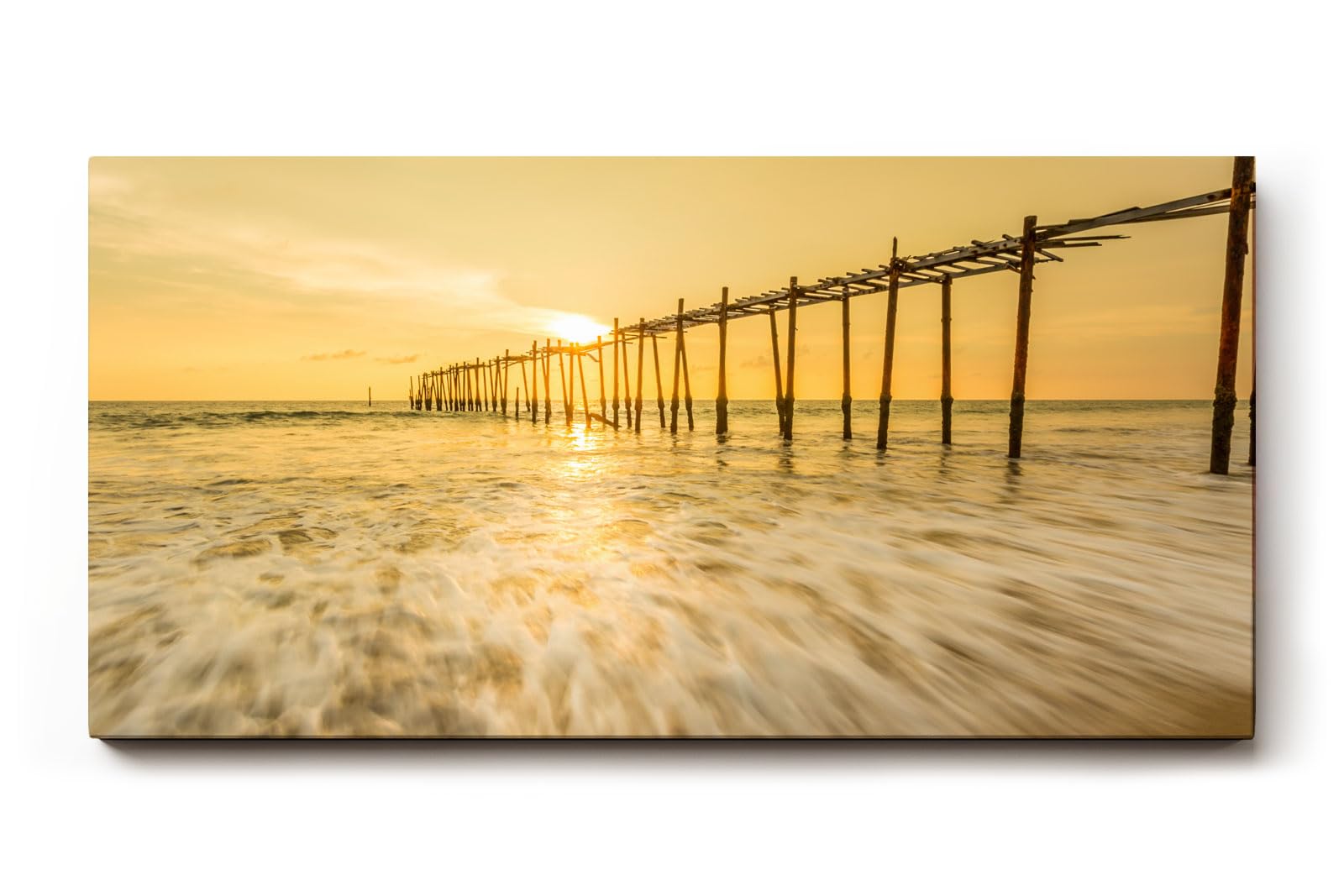 Sinus Art Wandbild 120x80cm Stimmungsvolle Aufnahme eines alten Holzstegs im goldenen Sonnenlicht auf offener See