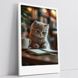 Paul Sinus Leinwandbild 80x120cm Leinwandbild Nachdenkliche Katze im Café – Charmante Szene mit flauschigem Kätzchen, gemütliche Atmosphäre, warmes Licht
