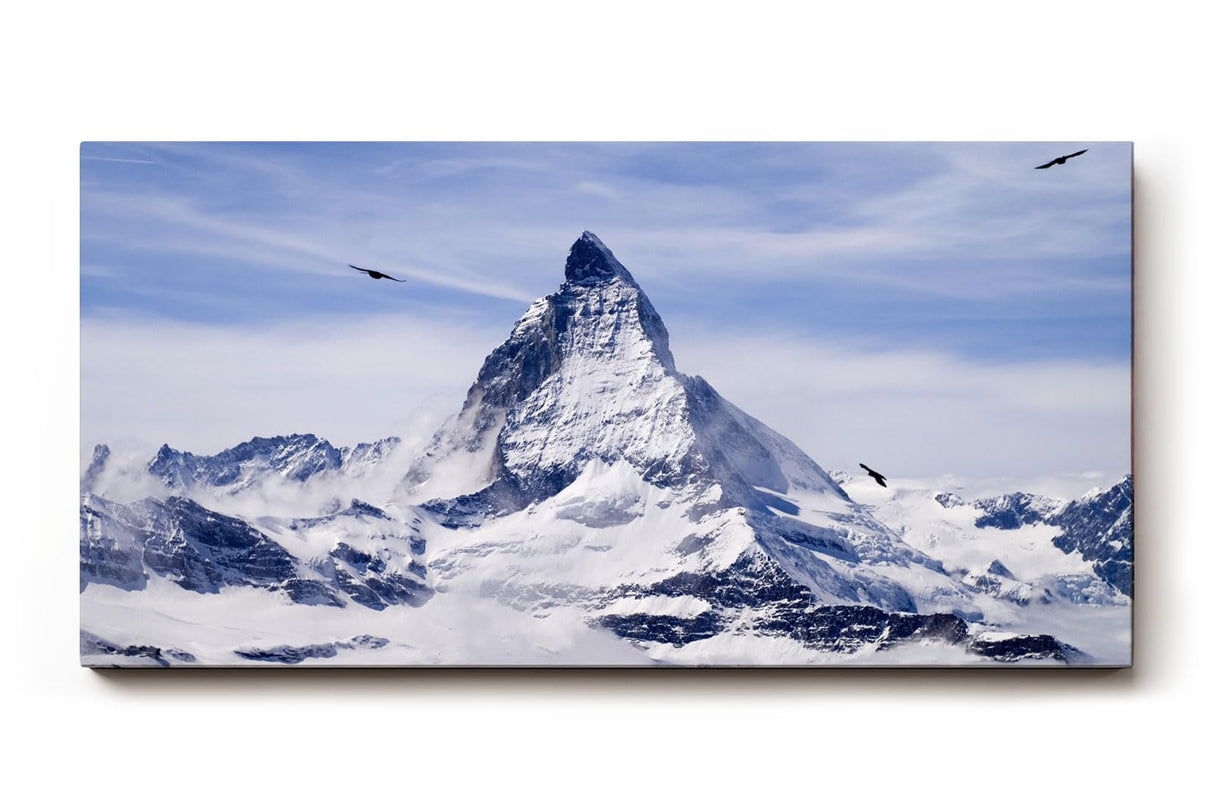 Sinus Art Wandbild 120x80cm Imposantes Matterhorn umgeben von Gletschern und schwebenden Vögeln
