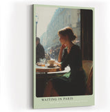 Paul Sinus Wandbild in 40x60cm Waiting in Paris – Ausdrucksstarke Szene einer Frau am Café-Tisch in Paris, nachdenklich ins Straßenleben blickend, moderne Bilder in warmen Farbtönen
