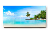 Sinus Art Wandbild 120x80cm Tropische Insel mit Palmen und weißem Sandstrand für entspannende Raumwirkung