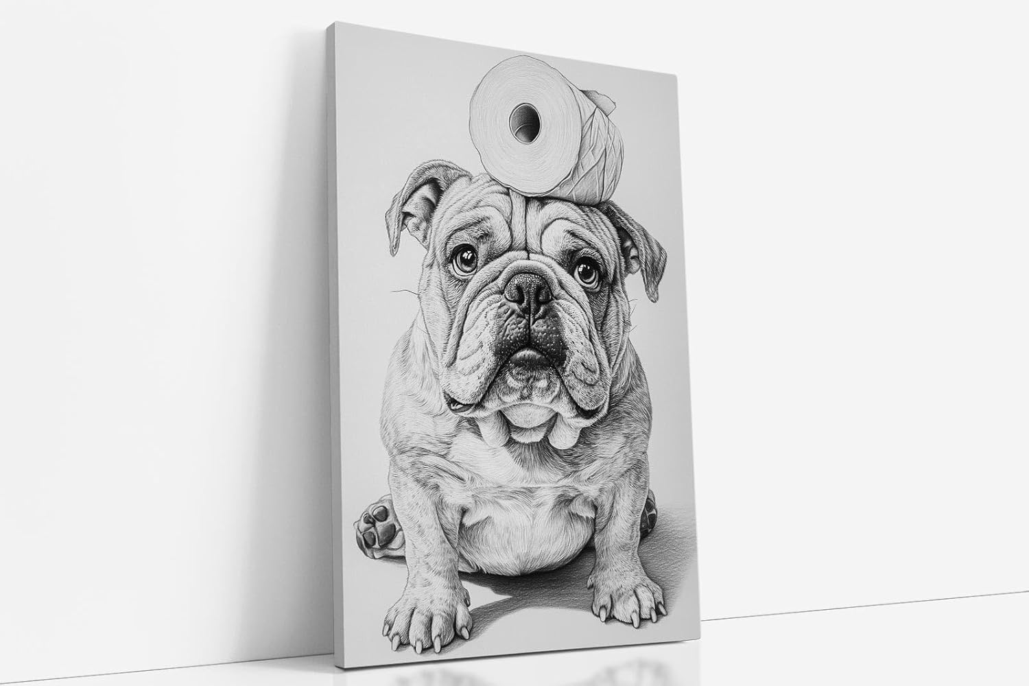 Paul Sinus Poster/Leinwandbild/Rahmenoption – Bulldogge mit Klopapier – Witzige WC-Deko für dein Badezimmer