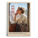 Paul Sinus Leinwandbild 60x90cm City by the Bay – San Francisco, Golden Gate Bridge, Nostalgie, Reise, Retro, Vintage, Romantik, Frau, Bahn