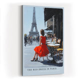 Paul Sinus Wandbild in 40x60cm The Red Dress in Paris Bilder einer Frau im roten Kleid an einem Straßencafé mit Blick auf den Eiffelturm