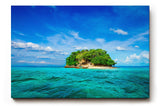 Sinus Art Wandbild 120x80cm Kleine tropische Insel mit Palmen und weißem Strand im türkisfarbenen Wasser