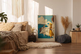Paul Sinus Wandbild in 40x60cm A Summer in Santorini – Frau im gelben Kleid vor weiß-blauen Kuppeln und Meerblick, mediterranes Urlaubsflair