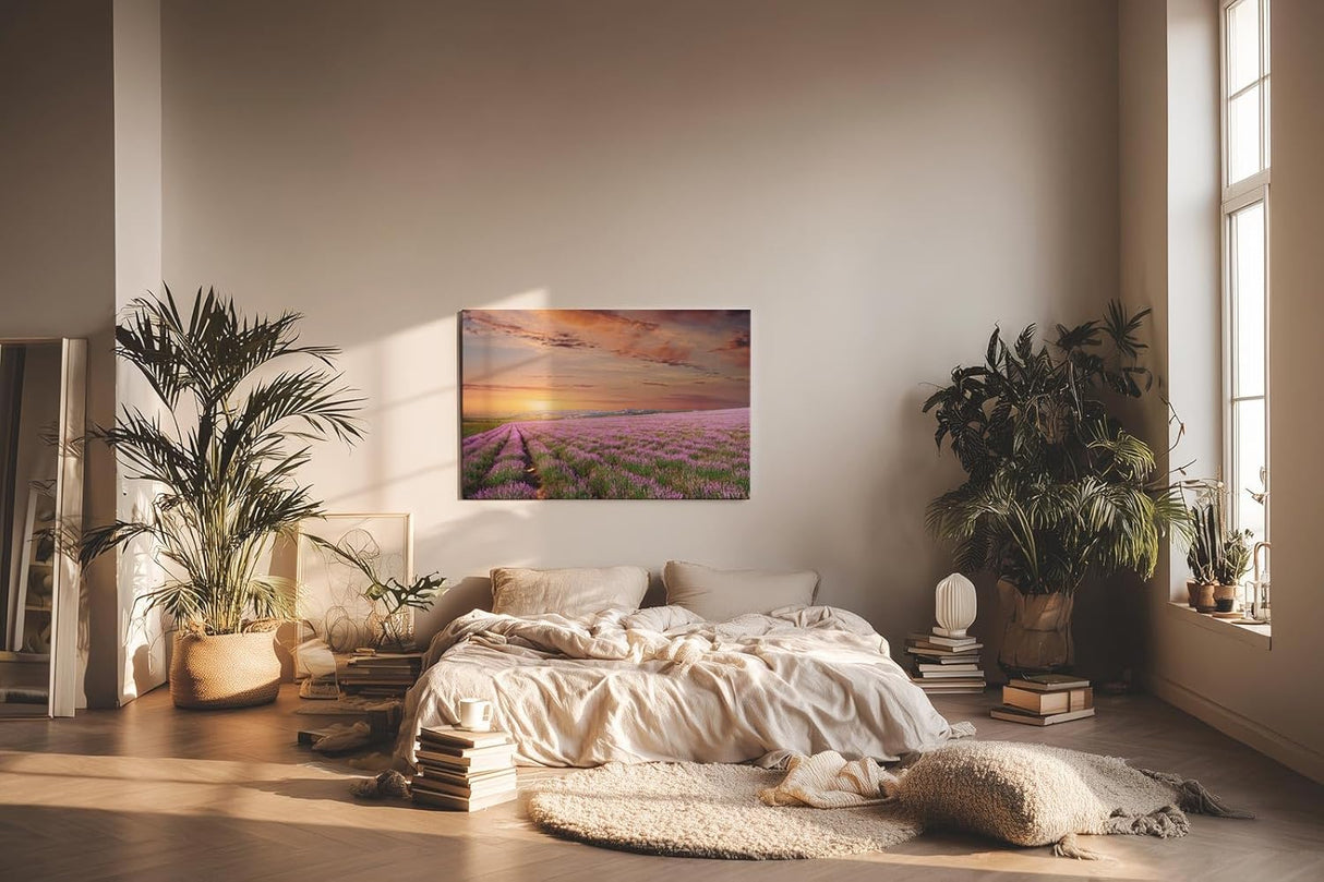 Sinus Art Wandbild 120x80cm Unendliches Lavendelfeld im warmen Licht des Sonnenuntergangs – beruhigend und harmonisch