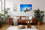 Sinus Art Wandbild 120x80cm Tropischer Küstenblick mit traditioneller Bootskulisse und türkisblauem Wasser