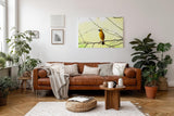 Sinus Art Wandbild 120x80cm Minimalistisches Vogelmotiv mit gelbem Farbakzent auf hellem Hintergrund für moderne Räume