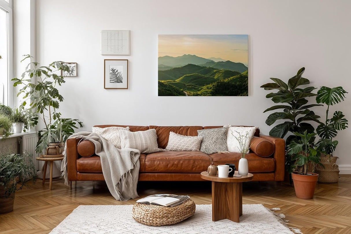 Sinus Art Wandbild 120x80cm Sanftes Hügelland mit Lichtstimmung für beruhigende und naturnahe Raumwirkung