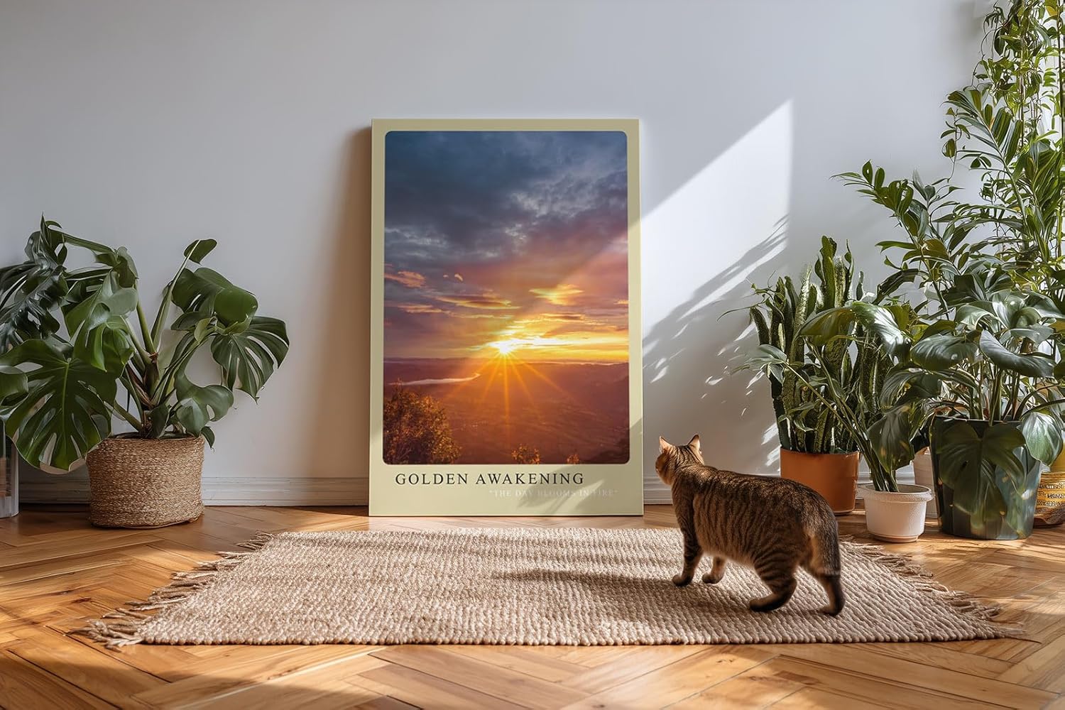 Paul Sinus Kunstdruck 40x60cm Golden Awakening – Sonnenaufgang über der Landschaft in leuchtendem Gold und Orange