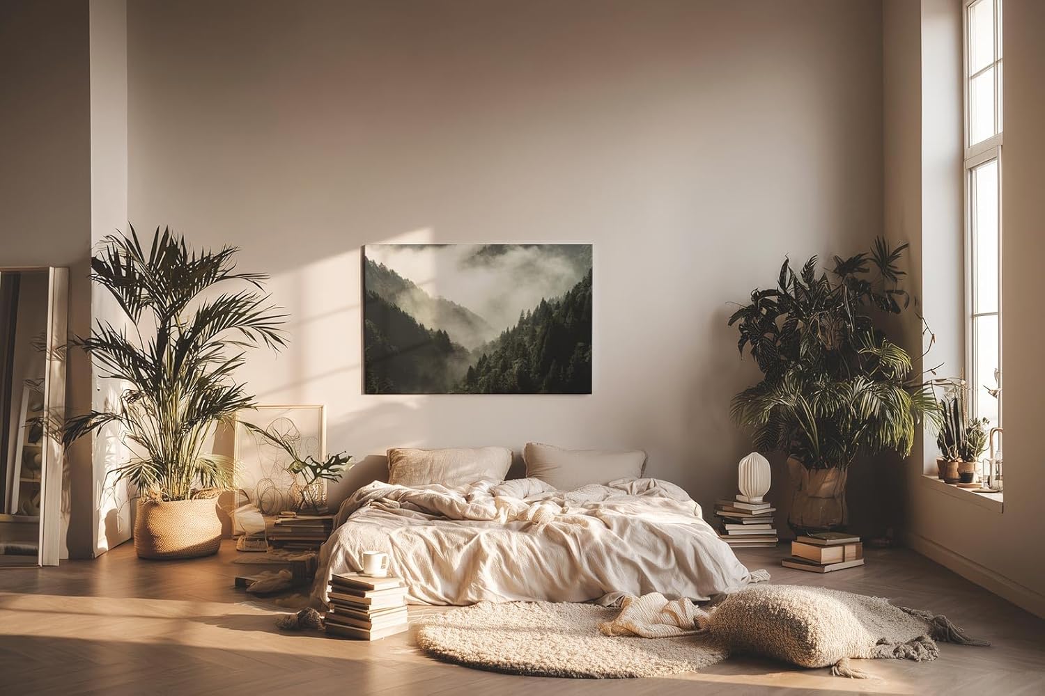 Sinus Art Wandbild 120x80cm Dichter Nadelwald unter ziehendem Nebel – geheimnisvoll, ruhig und atmosphärisch