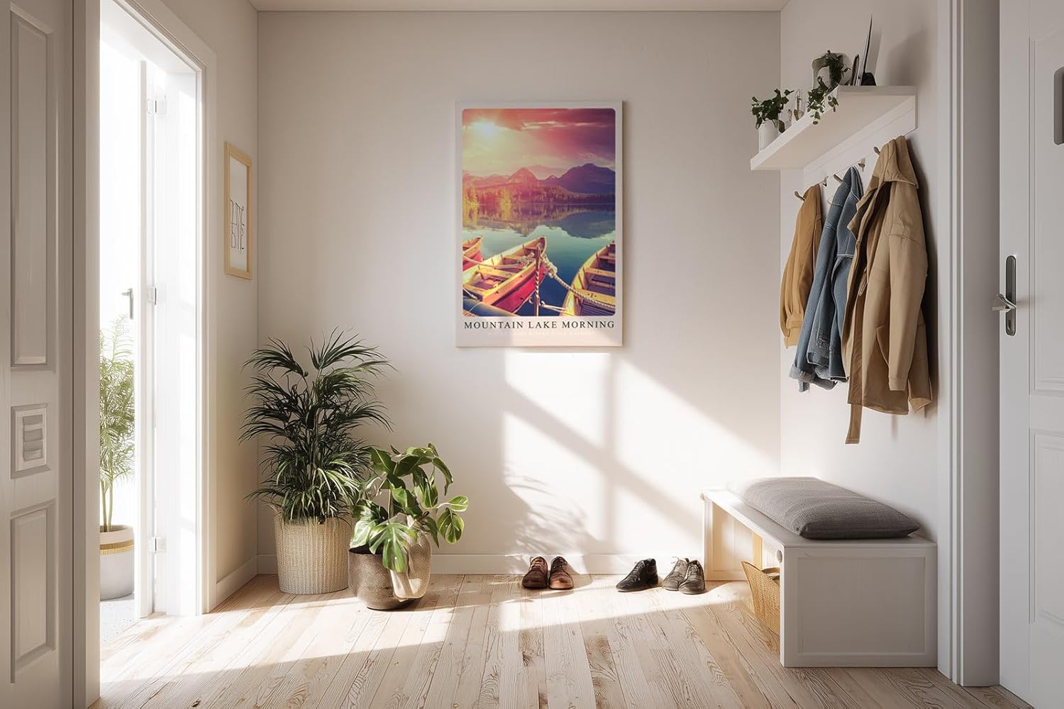 Paul Sinus Kunstdruck 40x60cm Mountain Lake Morning mit Booten und Sonnenaufgang am See