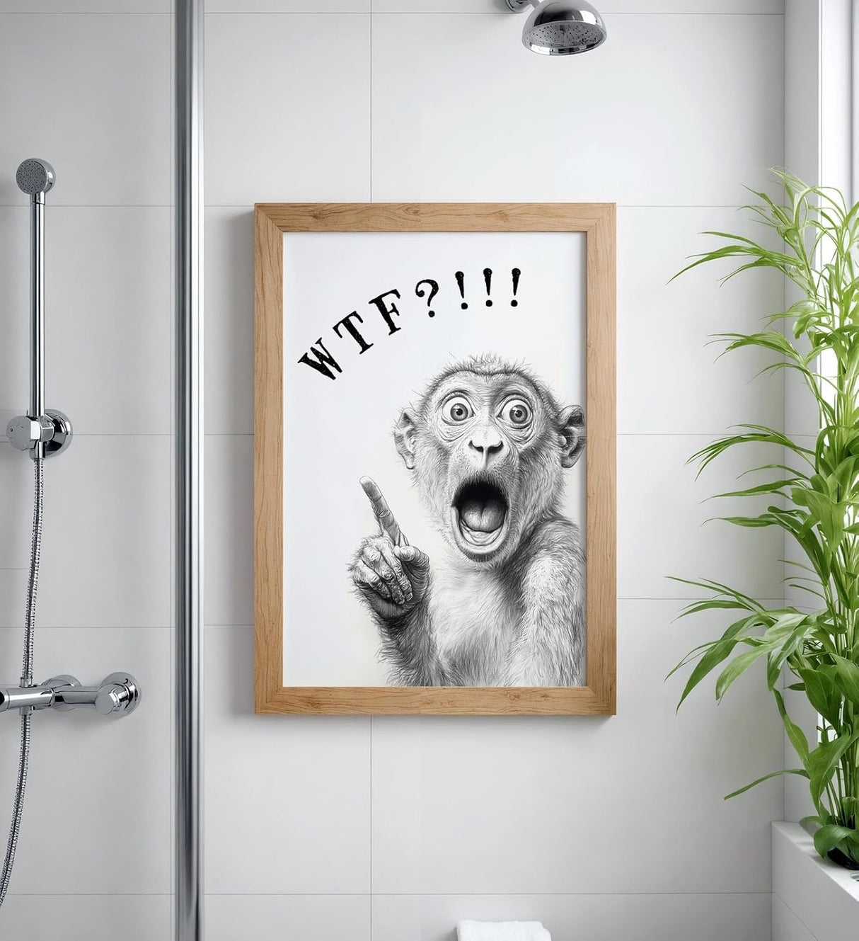 Paul Sinus Poster/Leinwandbild/Rahmenoption – Schockierter Affe „WTF?!“ – Lustige WC-Deko für dein Badezimmer