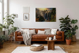 Sinus Art Wandbild 120x80cm Wasserfall-Szenerie im warmen Licht des Sonnenuntergangs mit lebendiger Vegetation
