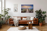 Sinus Art Wandbild 120x80cm Panoramaweg mit Geländer auf Höhenzug im goldenen Abendlicht für weite Raumwirkung