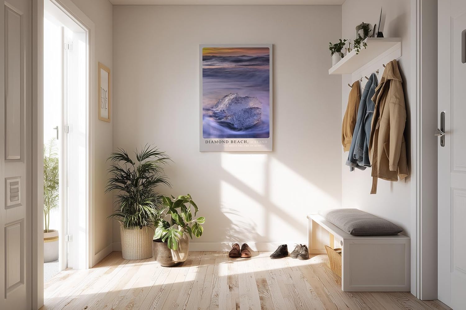 Paul Sinus Kunstdruck 40x60cm Diamond Beach Iceland – Eisskulptur im Sonnenaufgang an Islands dramatischer Küste