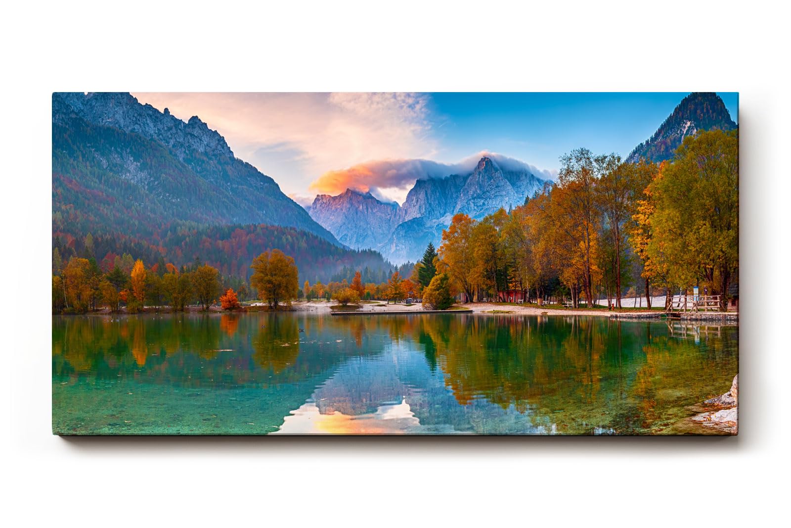Sinus Art Wandbild 120x80cm Bunt gefärbter Herbstwald am See mit Spiegelung vor alpiner Kulisse für harmonische Raumwirkung