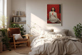 Paul Sinus Wandbild in 40x60cm Frau in weißem Kleid auf rotem Sofa – ausdrucksstarkes Porträt mit starker Farbwirkung