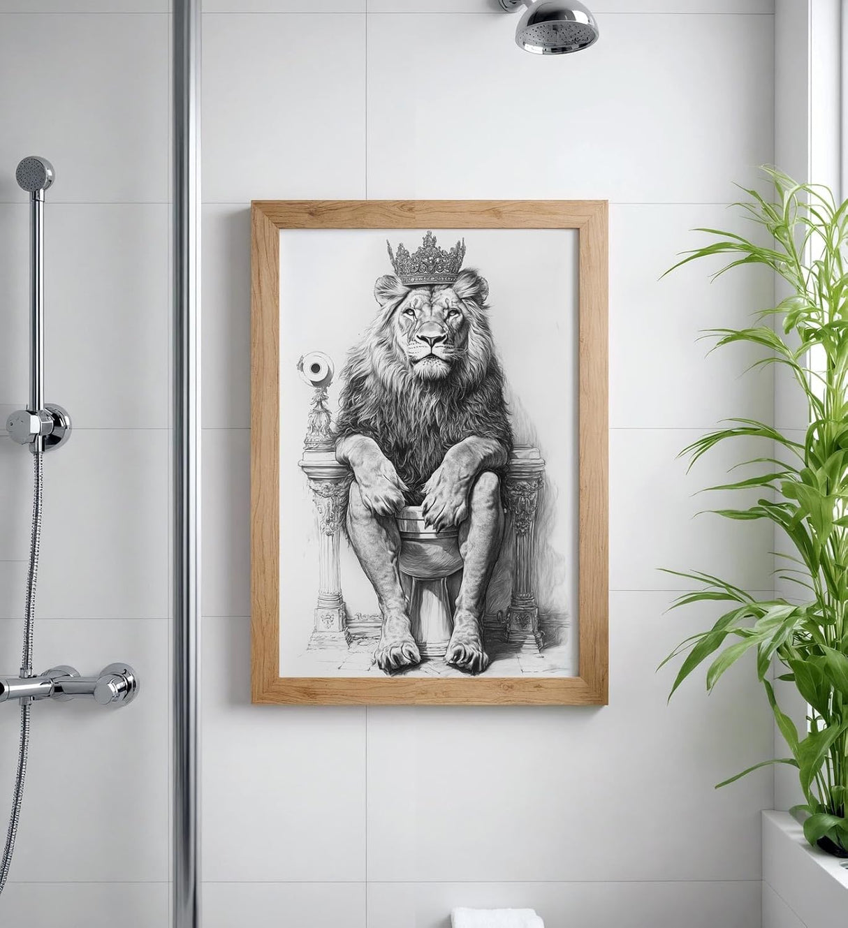 Paul Sinus Poster/Leinwandbild/Rahmenoption – Majestätischer Löwe auf dem Klothron – Lustige WC-Deko für dein Badezimmer