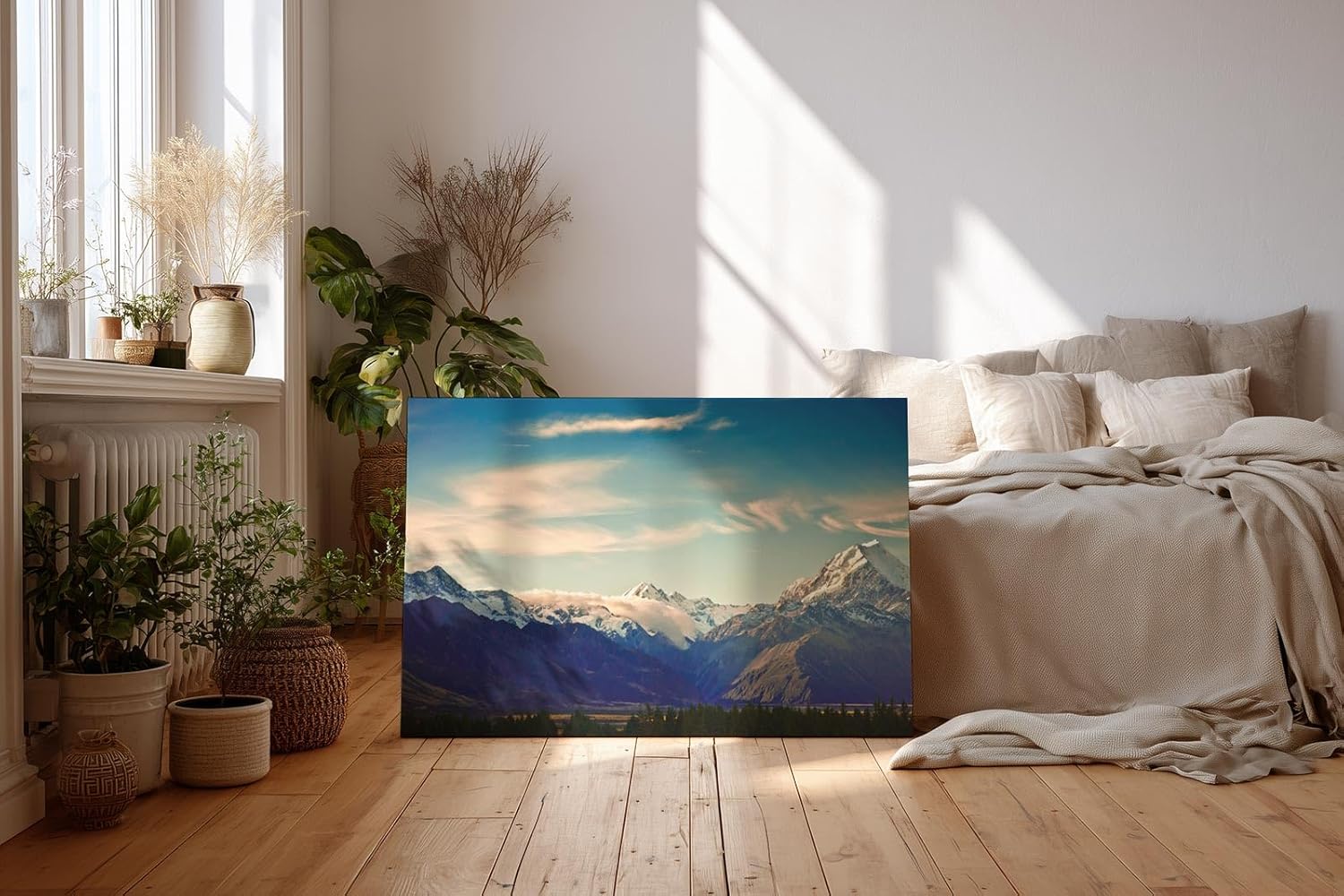 Sinus Art Wandbild 120x80cm Die schneebedeckten Berge vor blauem Himmel vermitteln Weite, Kraft und Naturerlebnis