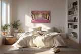 Sinus Art Wandbild 120x80cm Märchenhafter Weg unter rosa Blütenbäumen mit Perspektive und Tiefe