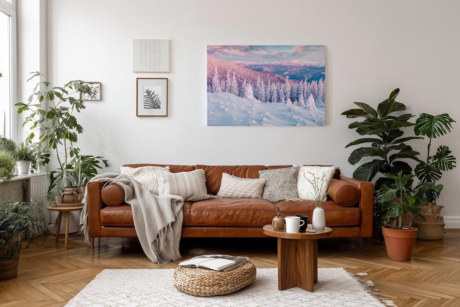 Sinus Art Wandbild 120x80cm Pastellfarbene Winterlandschaft mit verschneiten Bäumen und stiller Weite
