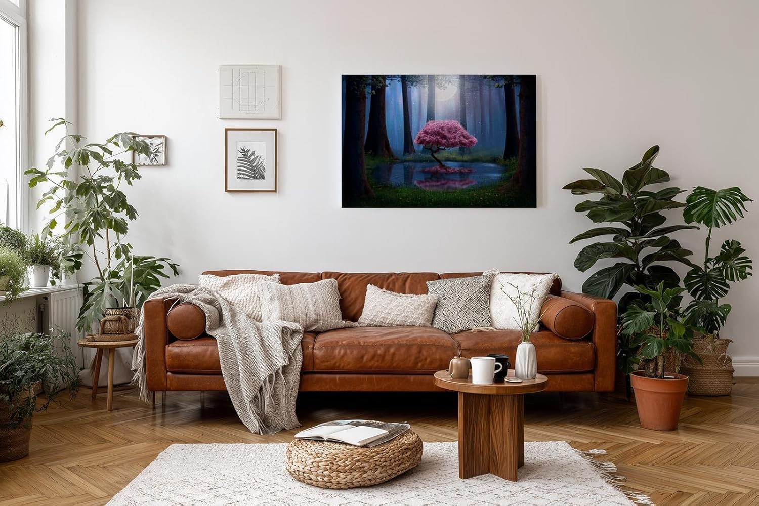 Sinus Art Wandbild 120x80cm Blühender Kirschbaum am Wasser im Mondlicht zwischen dunklen Bäumen für magische Wirkung