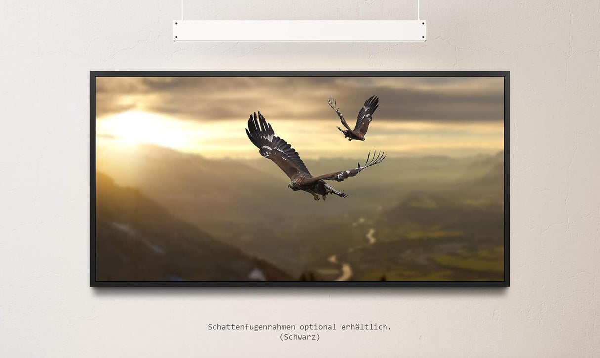 Adler in einer Gebirgslandschaft ca. 130x70cm Wandbild inklusive Schattenfugenrahmen schwarz - Panorama Leinwand Bild XXL Format Wandbilder Wohnzimmer Wohnung Deko Kunstdrucke