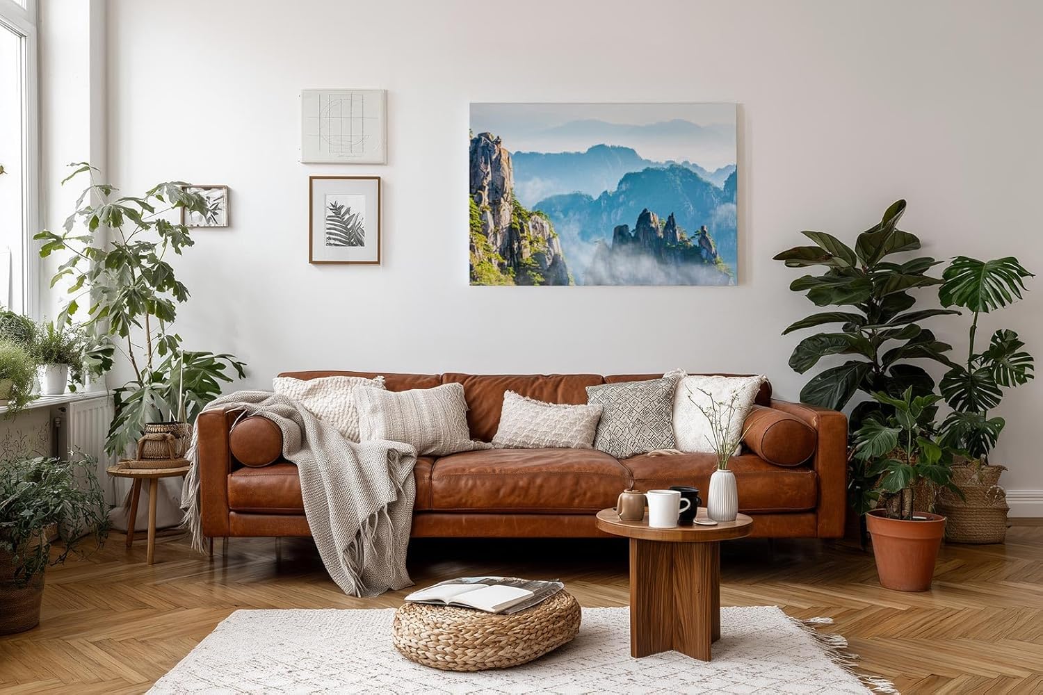 Sinus Art Wandbild 120x80cm Zerklüftete Bergformationen im Nebelmeer für eine ruhige und geheimnisvolle Raumwirkung