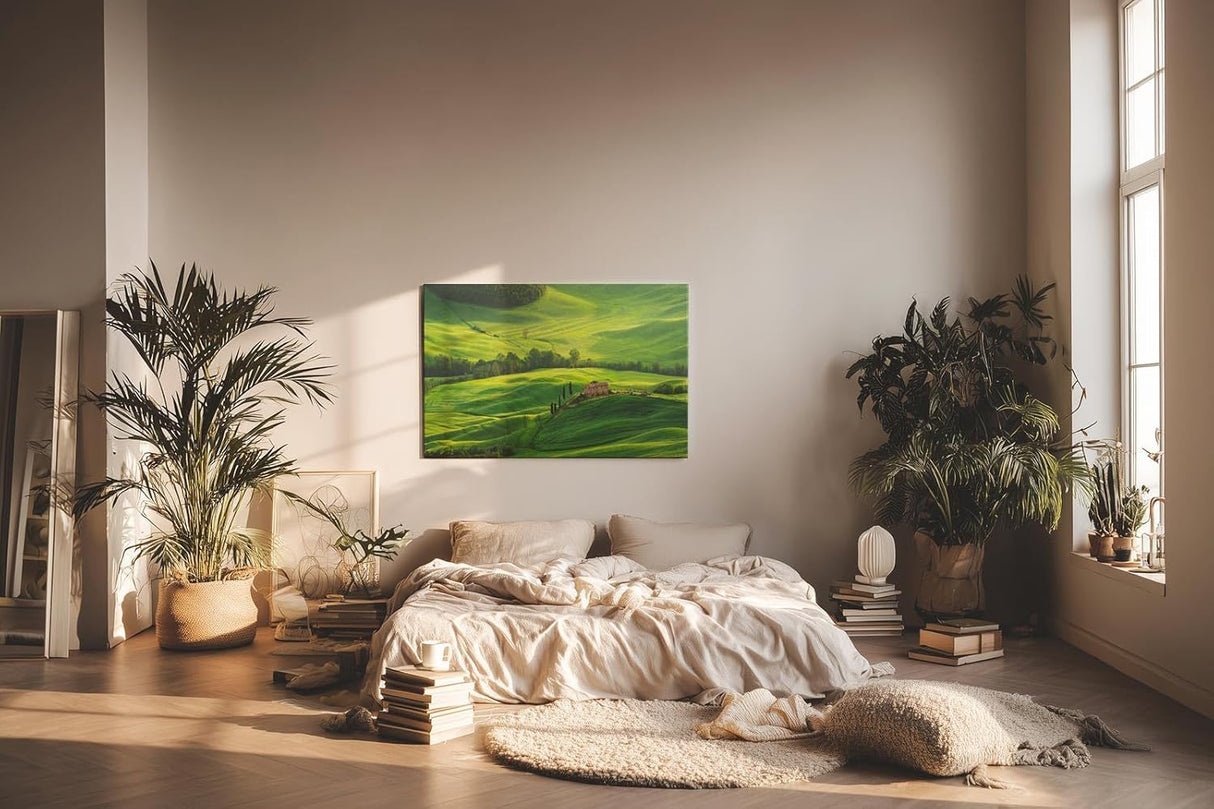 Sinus Art Wandbild 120x80cm Atemberaubende Landschaft der Toskana mit sanften Hügeln und typisch italienischer Architektur