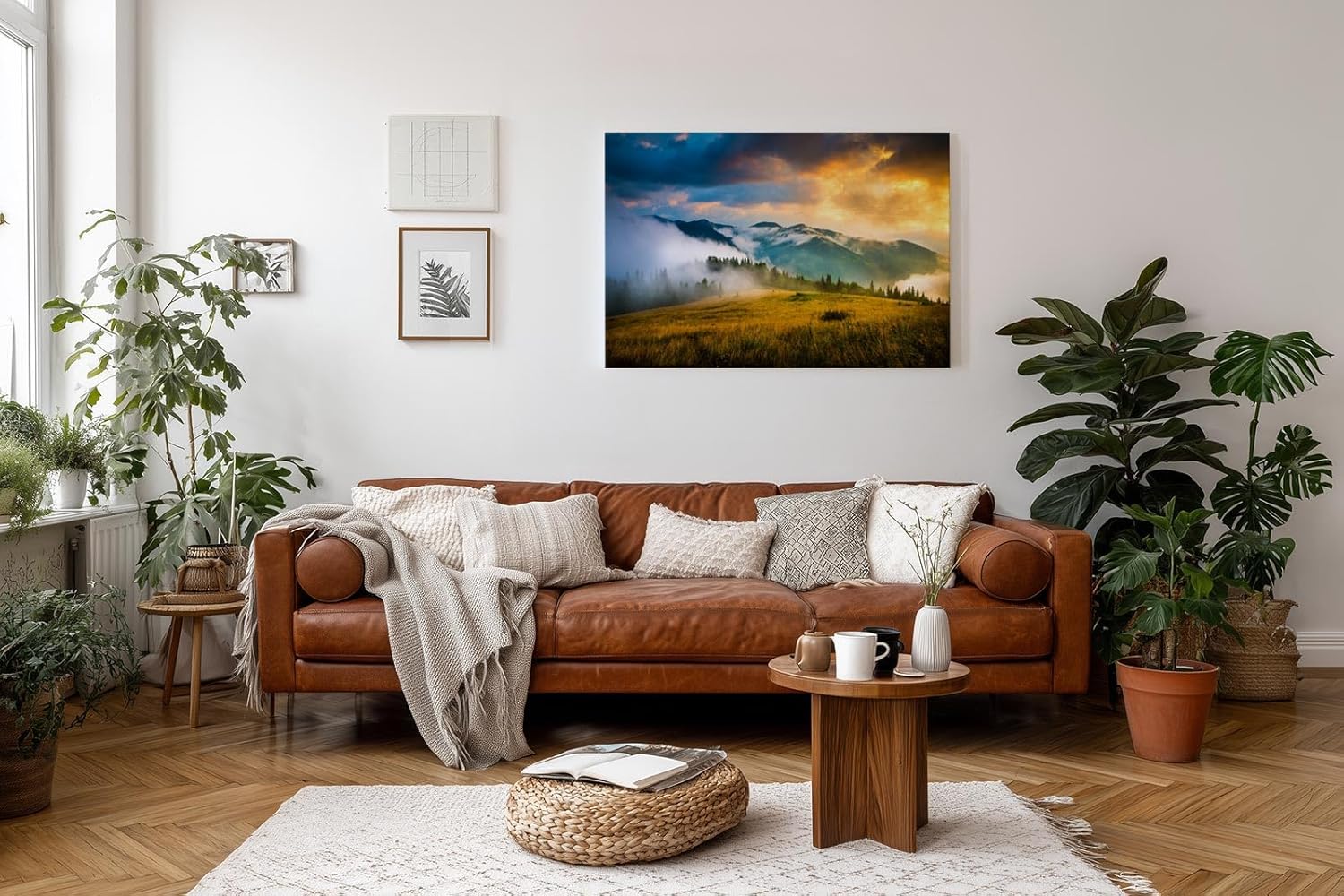 Sinus Art Wandbild 120x80cm Faszinierende Gebirgsszene im Nebel mit dramatischem Sonnenlicht für eindrucksvolle Raumwirkung