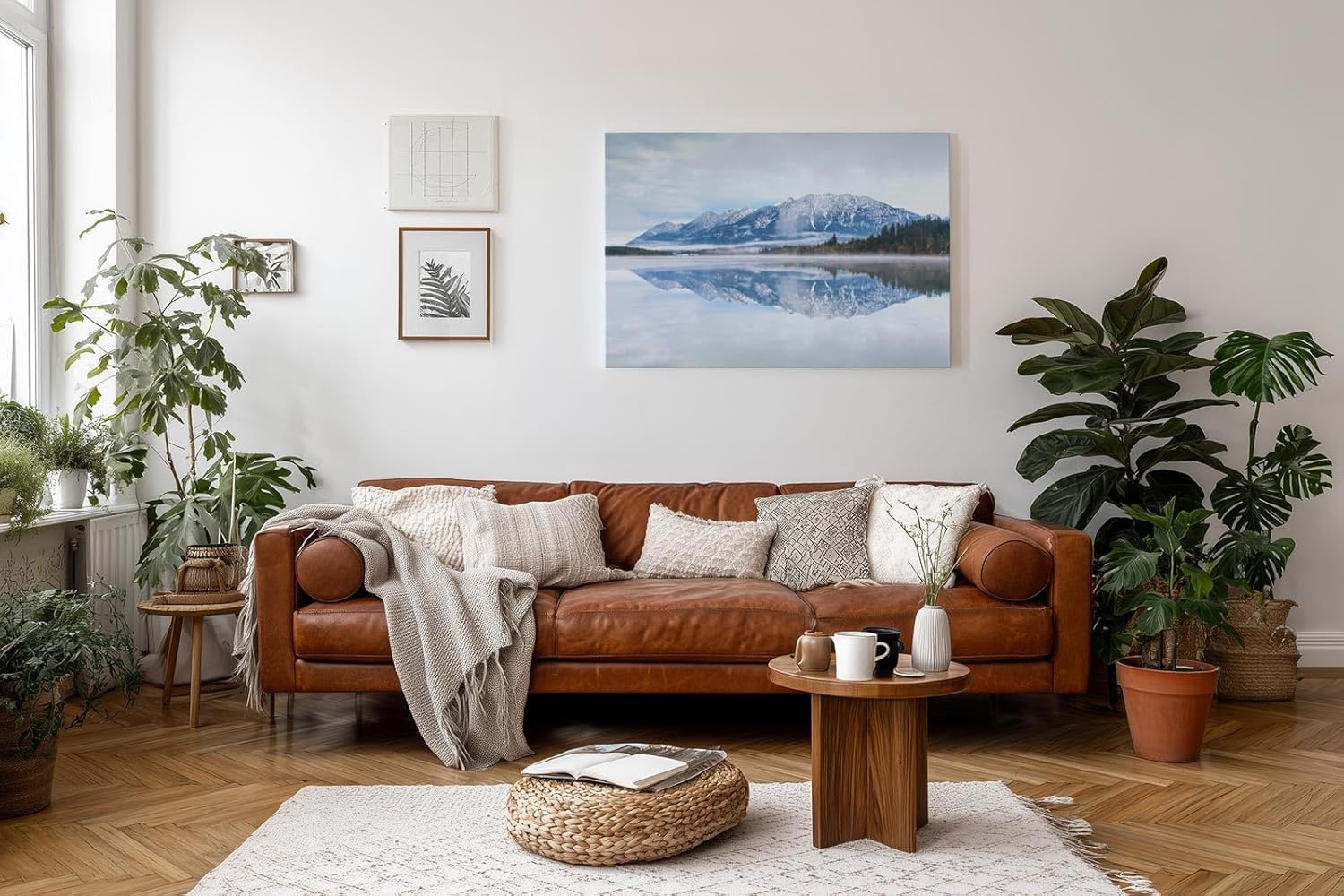Sinus Art Wandbild 120x80cm Ruhige Alpenlandschaft mit schneebedeckten Bergen und klarer Wasserfläche