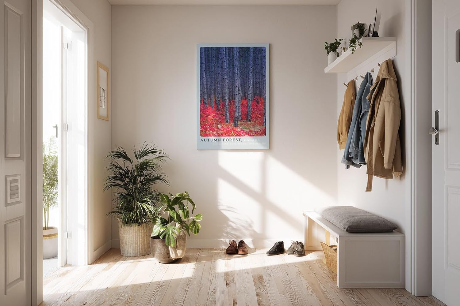 Paul Sinus Kunstdruck 40x60cm Autumn Forest Canada herbstlicher Wald mit rotem Laub und tiefen Baumstämmen in Kontraststimmung