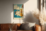 Paul Sinus Wandbild in 40x60cm A Summer in Santorini – Frau im gelben Kleid vor weiß-blauen Kuppeln und Meerblick, mediterranes Urlaubsflair