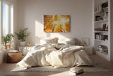 Sinus Art Wandbild 120x80cm Faszinierender Blick durch herbstlich gefärbte Baumwipfel in warmem Licht