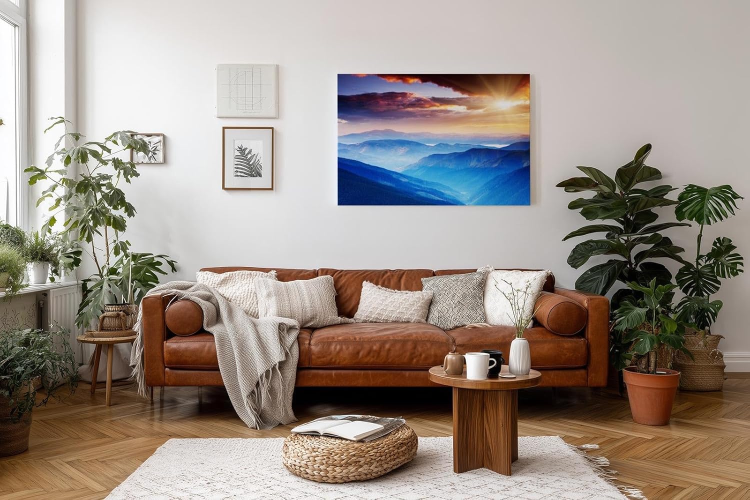 Sinus Art Wandbild 120x80cm Faszinierende Berglandschaft in verschiedenen Blauabstufungen mit goldener Sonne
