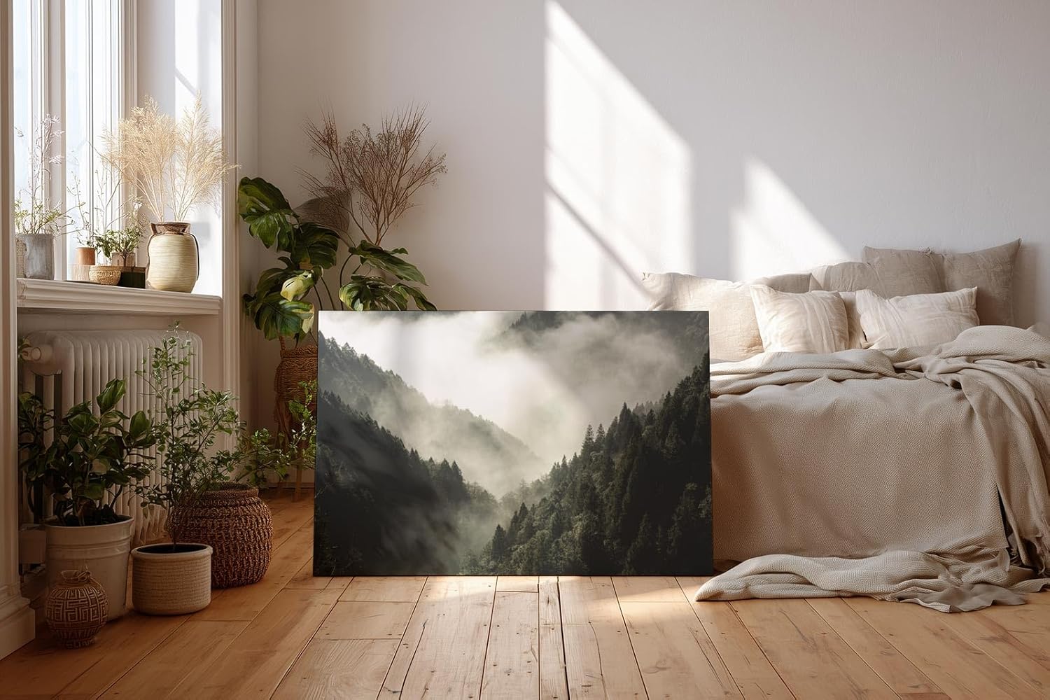 Sinus Art Wandbild 120x80cm Dichter Nadelwald unter ziehendem Nebel – geheimnisvoll, ruhig und atmosphärisch