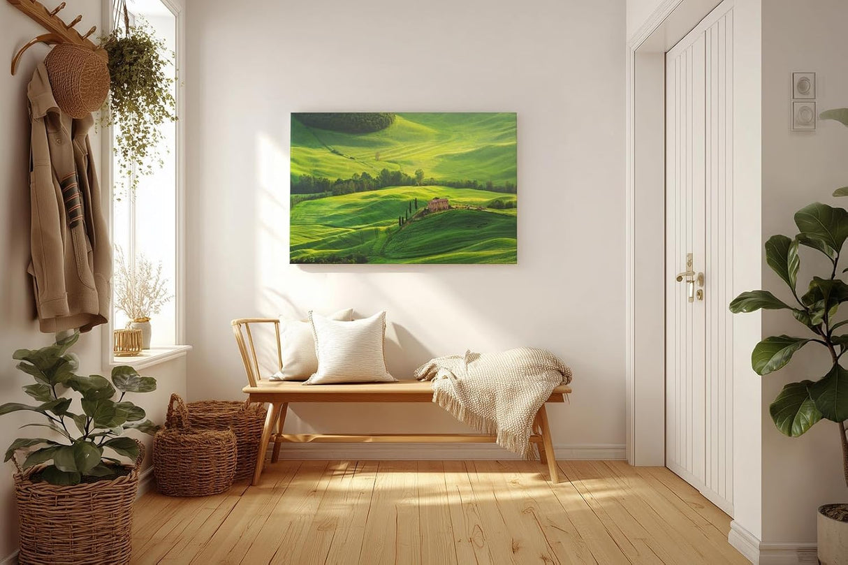 Sinus Art Wandbild 120x80cm Atemberaubende Landschaft der Toskana mit sanften Hügeln und typisch italienischer Architektur