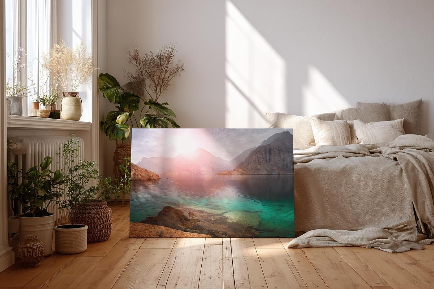 Sinus Art Wandbild 120x80cm Faszinierende Felslandschaft mit türkisfarbenem Wasser und warmem Lichtspiel